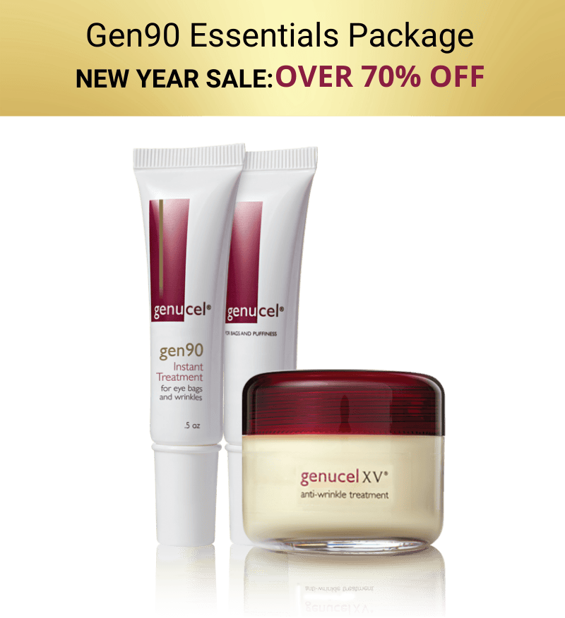 Genucel skincare products with promotional text for a sale on a green background