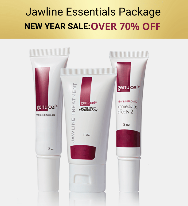 Three Genucel jawline treatment products with a promotional banner above them.
