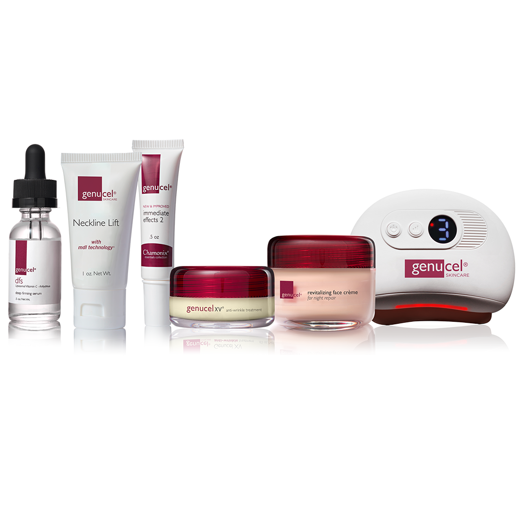 Genucel skincare products including a dropper, cream, and device on a white background