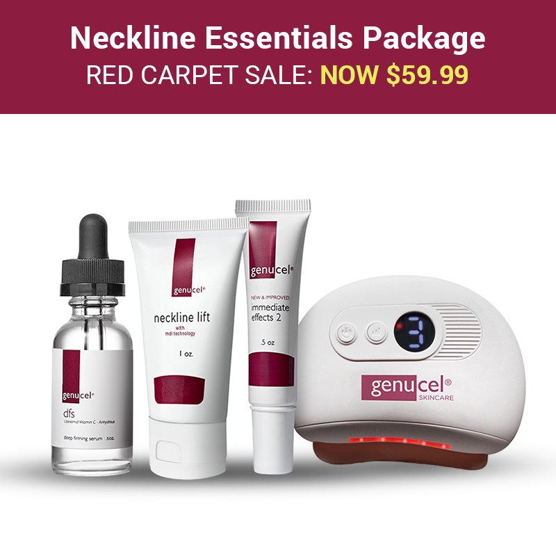Genucel skincare products including a bottle, tubes, and a device with a red carpet sale banner above.