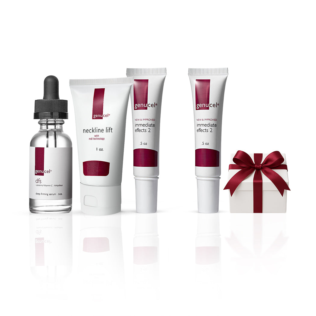 Genucel skincare products including a dropper bottle and tubes on a white background
