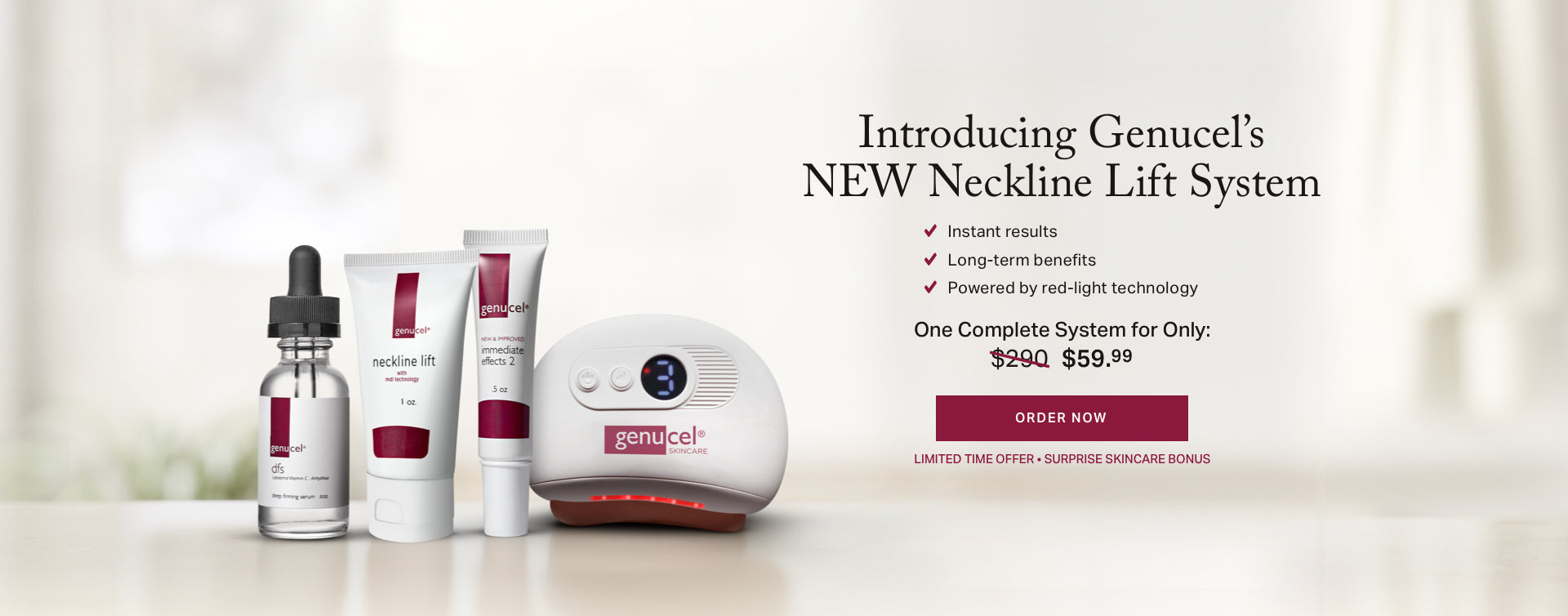Genucel Neckline Lift System with product packaging and promotional text on a white background