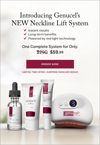 Genucel Neckline Lift System with product packaging and promotional text on a white background