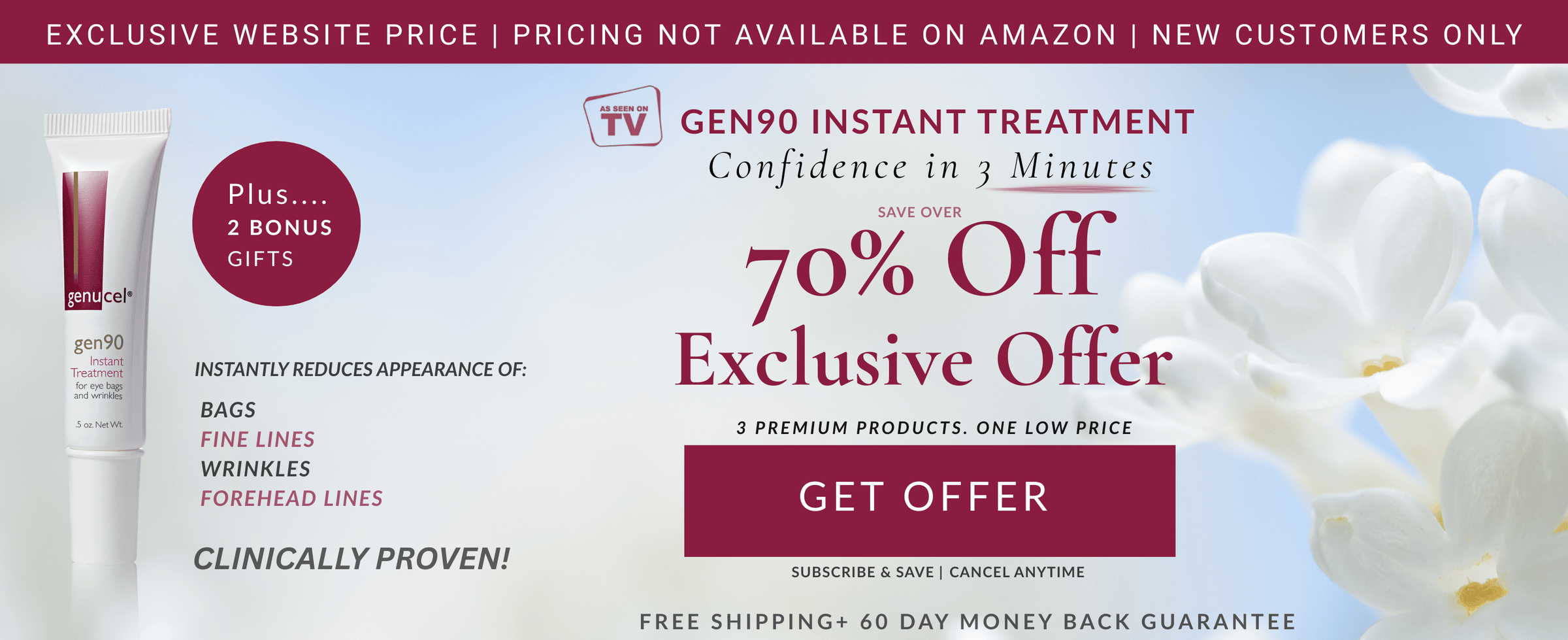 Advertisement for a skincare treatment with a tube of cream and flowers on a light blue background.