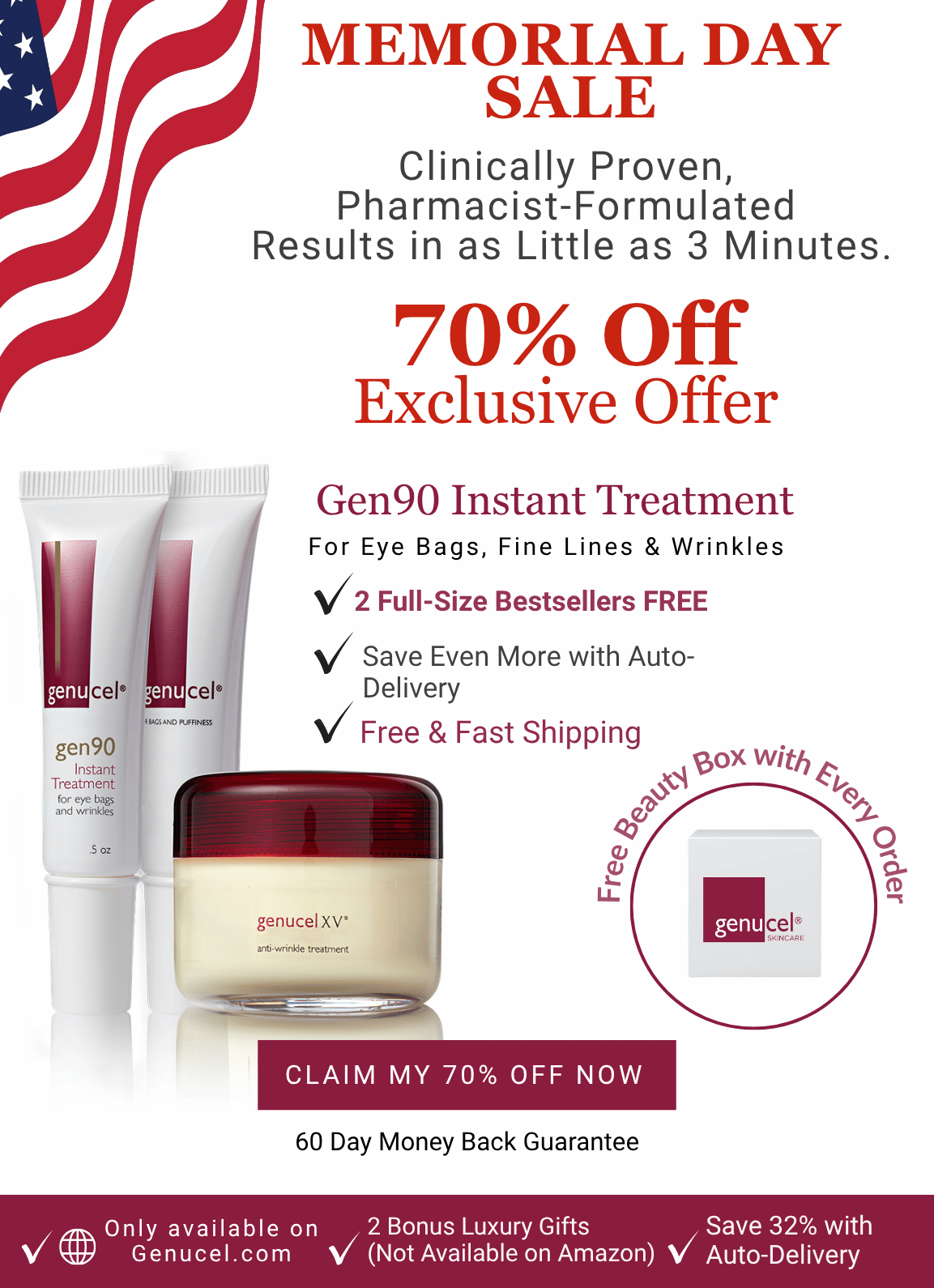 Advertisement for Gen90 skincare products with a Memorial Day sale promotion.