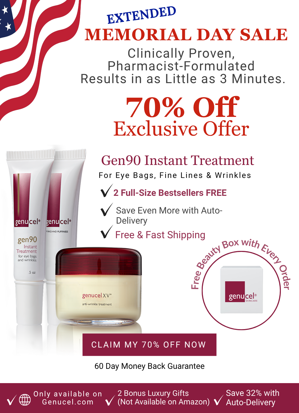 Promotional advertisement for Gen90 Instant Treatment with product packaging and sale details.
