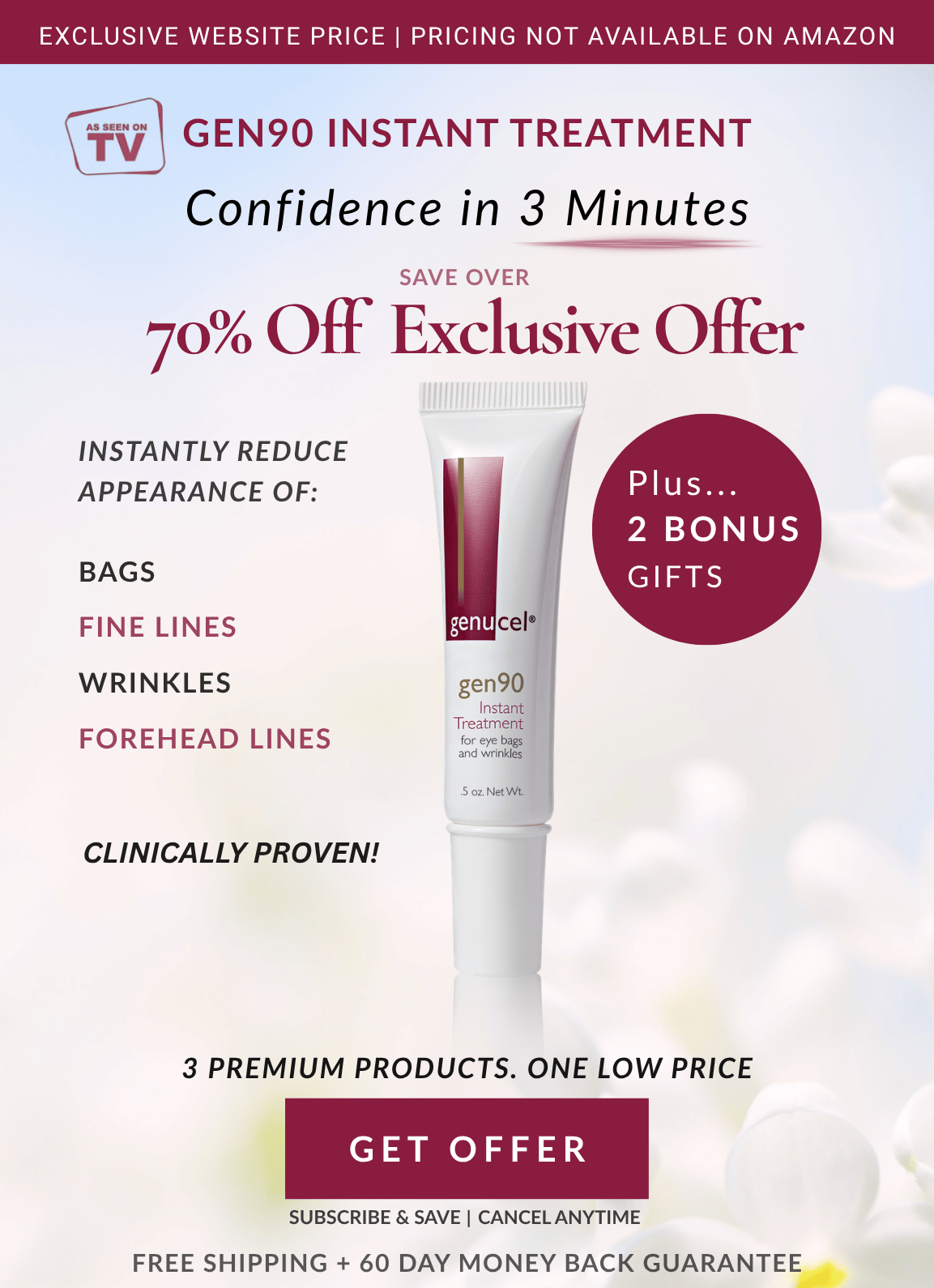 Advertisement for Gen90 instant treatment with a tube of cream on a white background