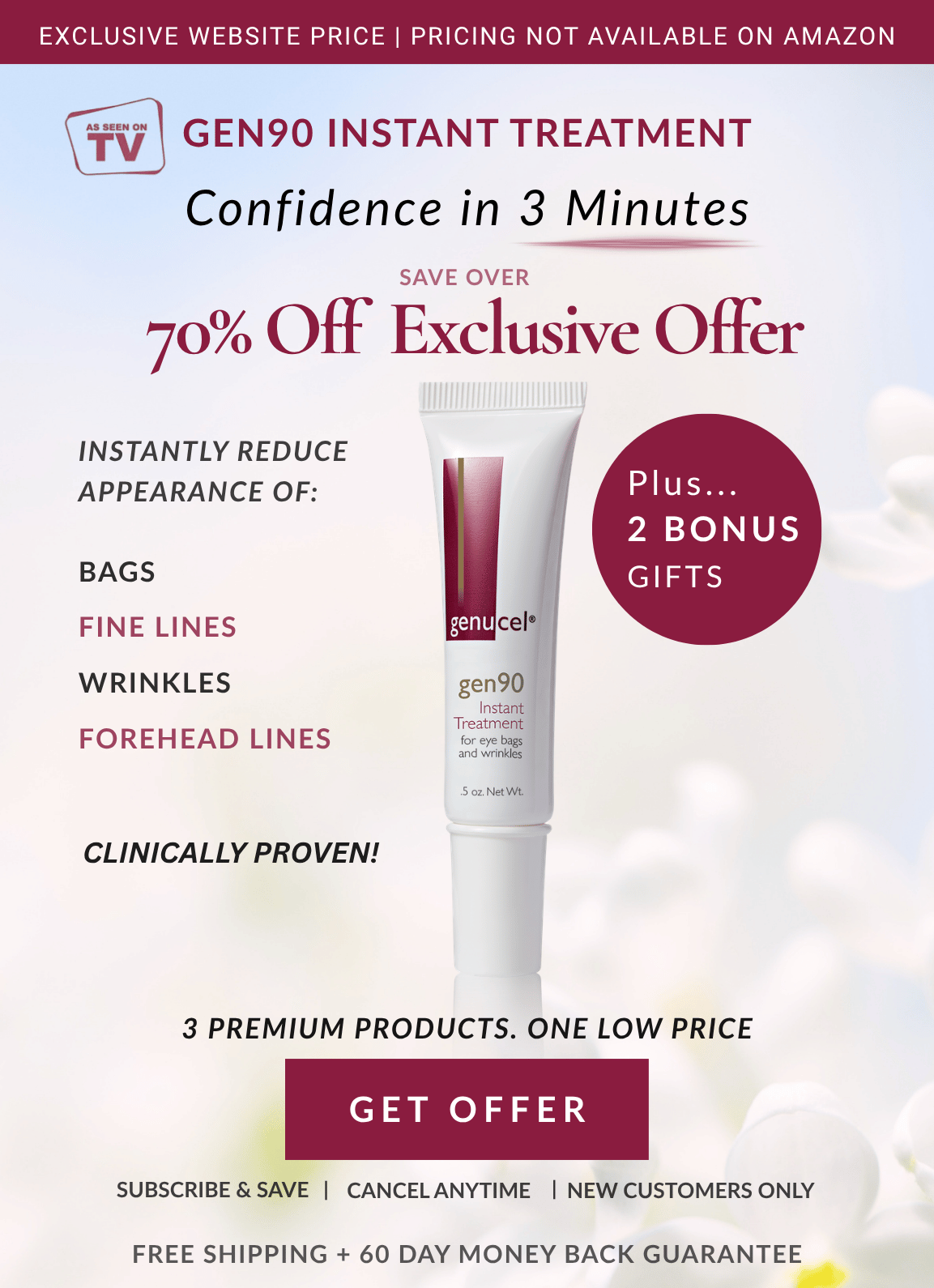 Advertisement for Gen90 instant treatment with a tube of product on a white background.