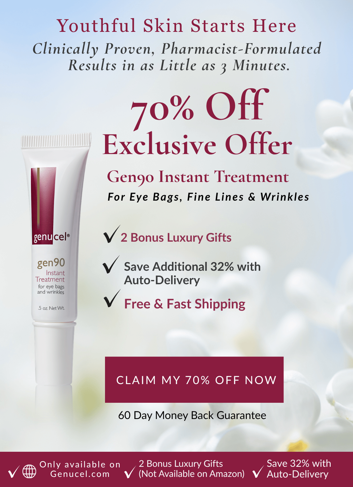 Advertisement for gen90 instant treatment with a tube of cream and flowers in the background.