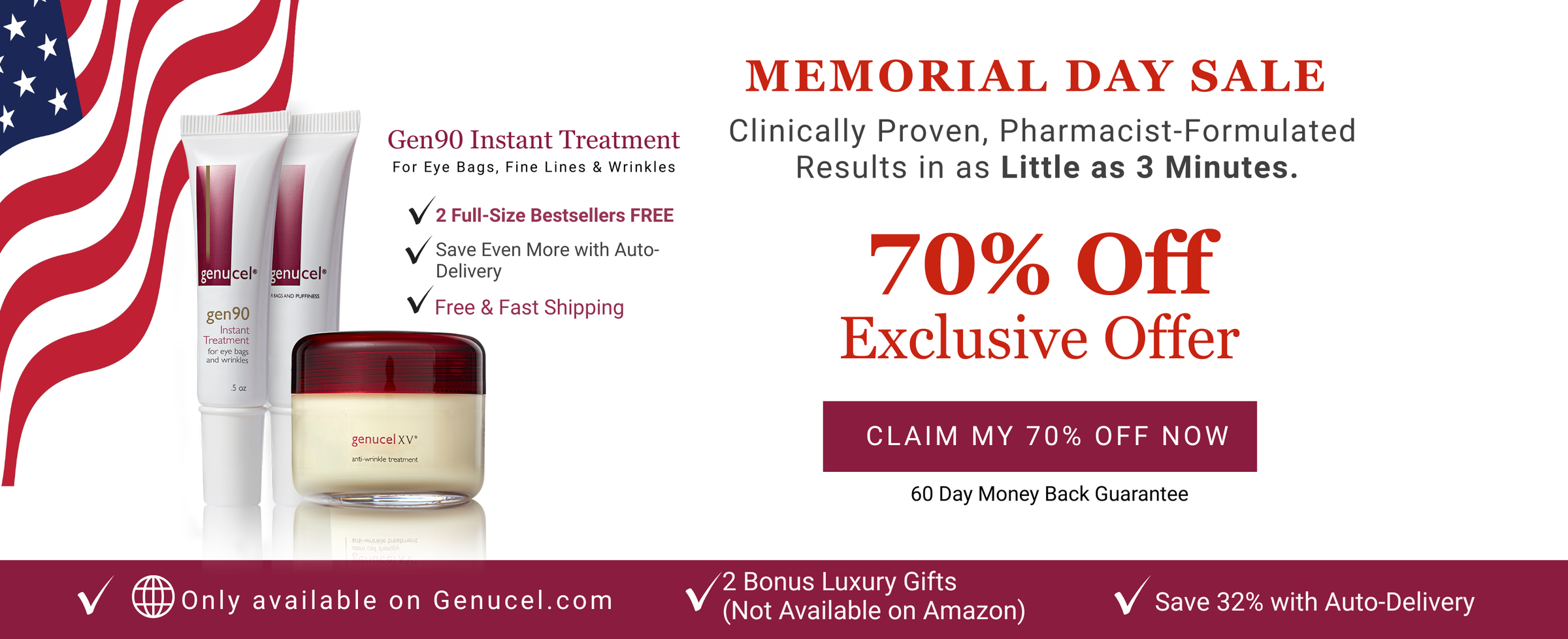 Cosmetic product with Memorial Day sale text and American flag on a white background