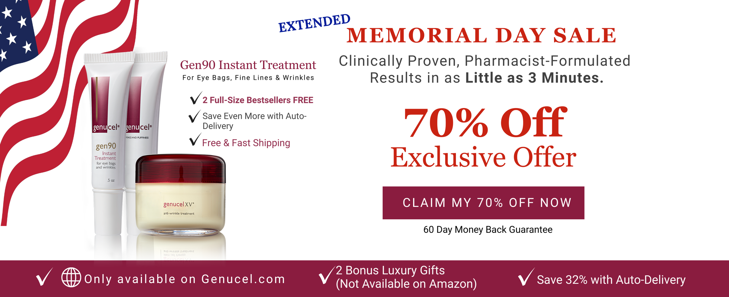 Promotional banner for a skincare treatment with a 70% off offer and American flag background.