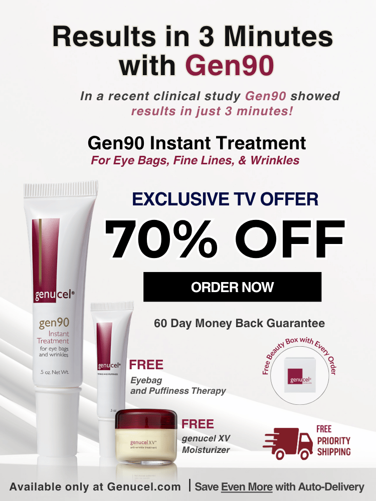 Promotional banner for GenuCell Gen90 instant treatment eye cream, featuring product tubes and jars alongside text advertising a 70% off exclusive TV offer, free eyebag and puffiness therapy, and free shipping.