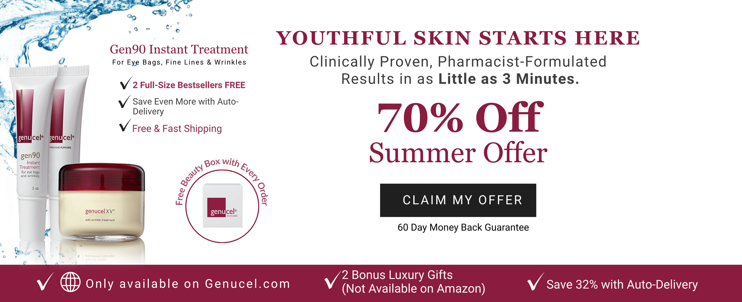 Cosmetic advertisement with skincare products and promotional text on a white background