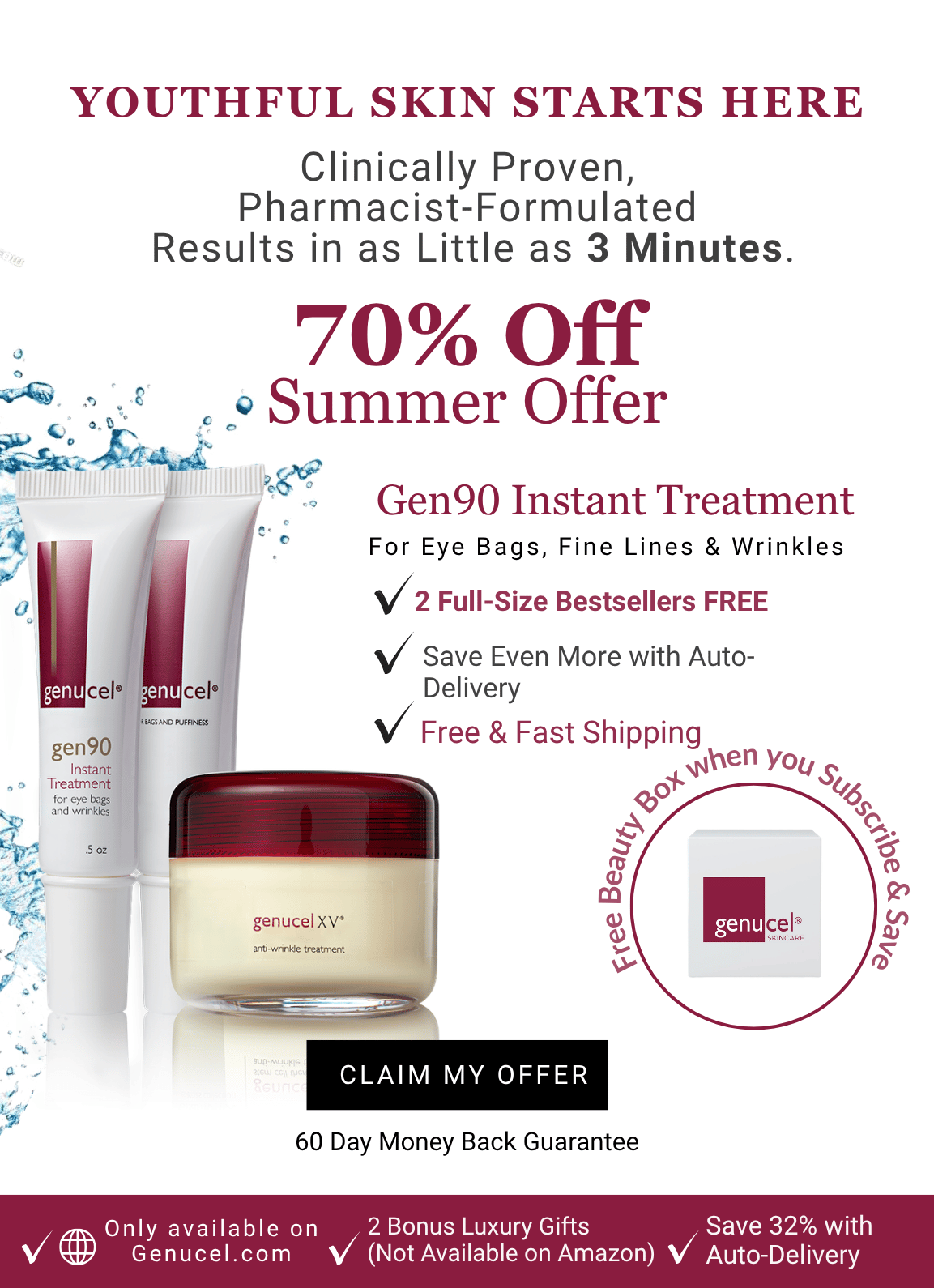 Advertisement for Gen90 skincare products with a 70% off summer offer.