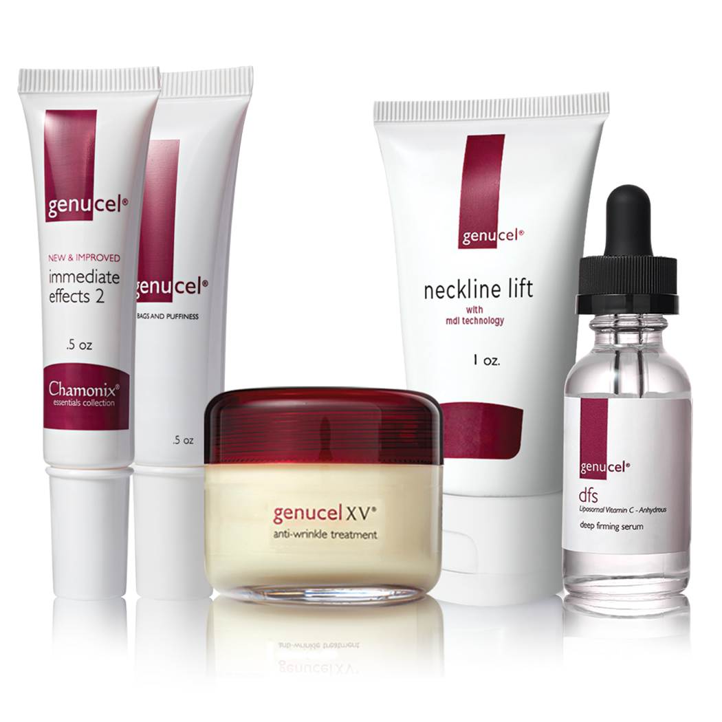 Genucel skincare products including cream, serum, and bottles on a white background