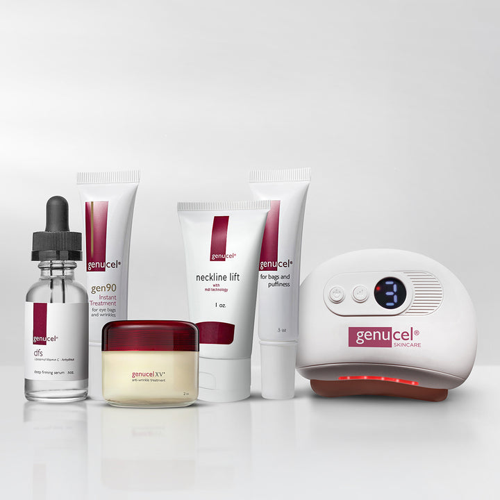 Genucel skincare products including a serum, cream, and device on a white background