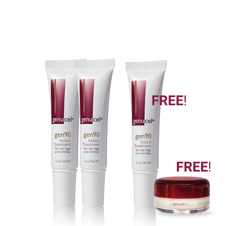 Three tubes of Genucel gen90 eye treatment with a free container on a white background