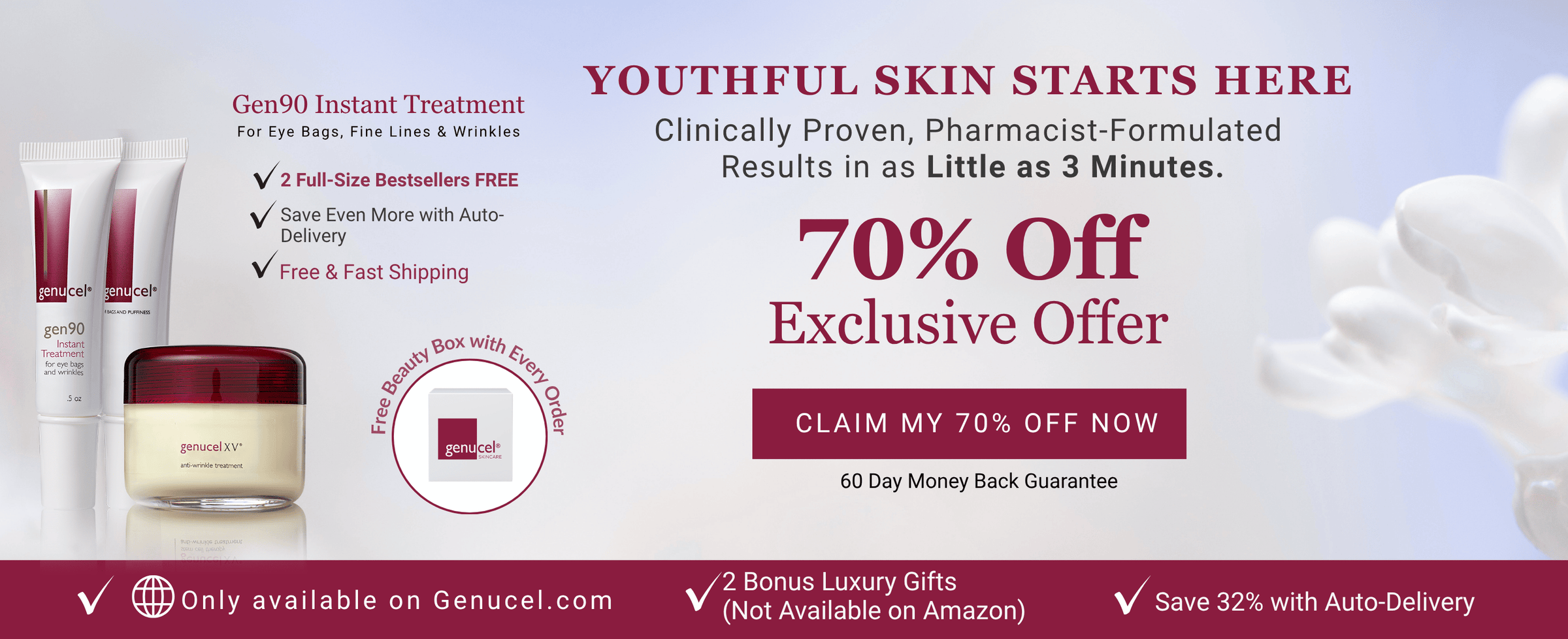 Advertisement for Gen90 Instant Treatment with product packaging and promotional text on a white background.