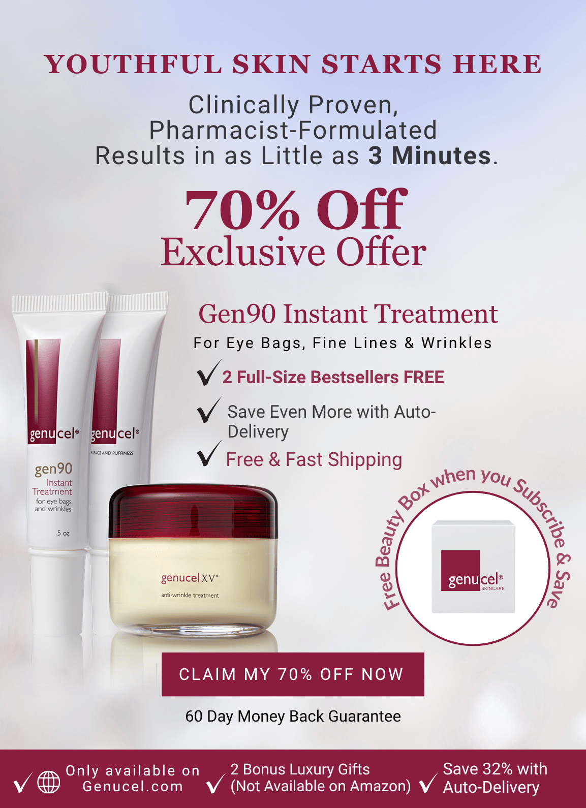 Advertisement for Gen90 Instant Treatment with product packaging and promotional text on a white background.