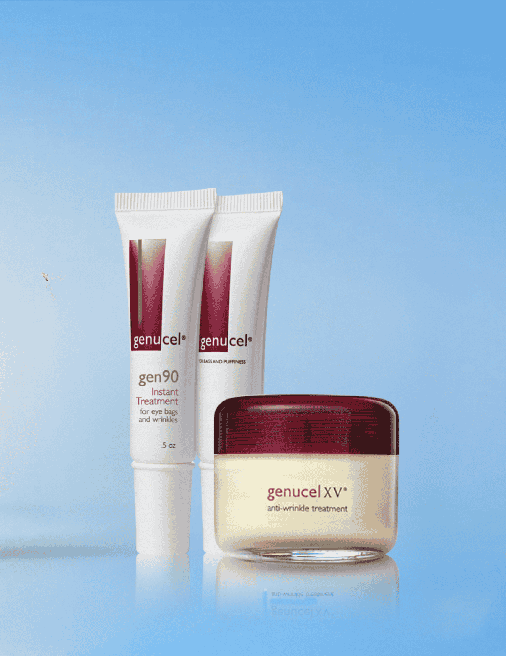 Three skincare products from the brand 'genucel' on a blue background
