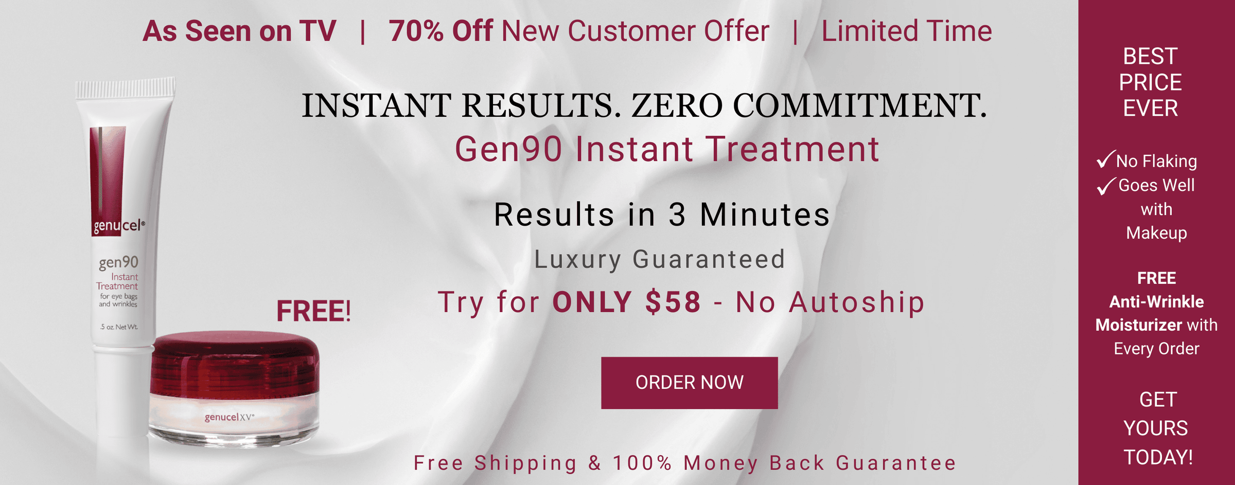 Advertisement for a skincare treatment with product packaging and promotional text.