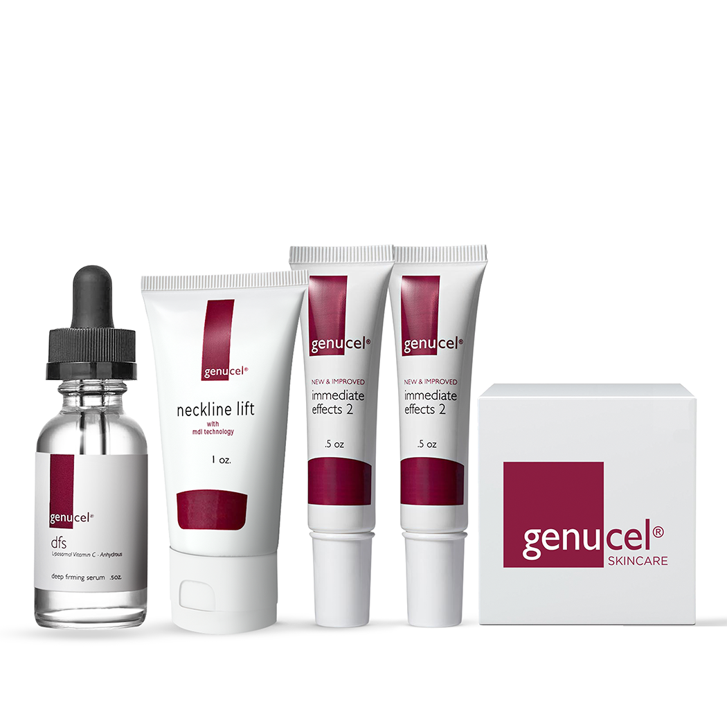 Genucel skincare products including a dropper, tubes, and a box on a white background