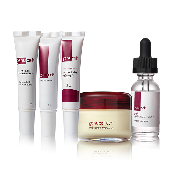 Genucel skincare products including cream, serum, and eye treatment on a white background