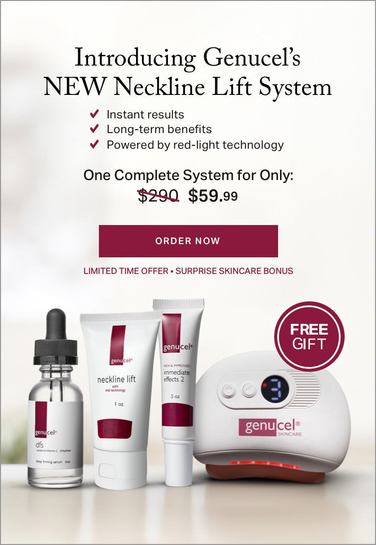 Genucel Neckline Lift System with packaging and device on a light background