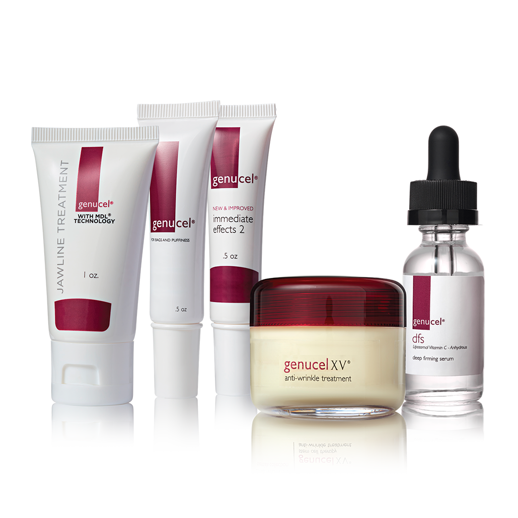 Genucel skincare products including cream, serum, and other treatments on a white background