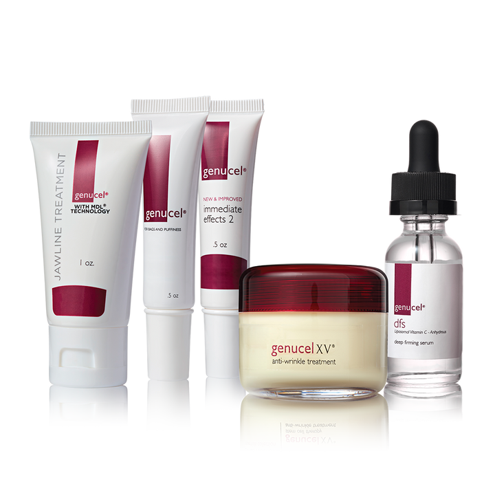 Genucel skincare products including cream, serum, and other treatments on a white background