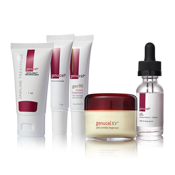 Collection of Genucel skincare products on a white background