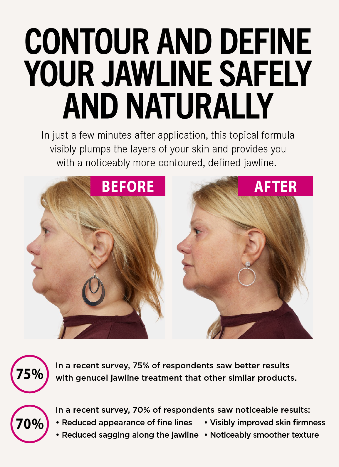Advertisement showing a before and after comparison of a woman's jawline with text about contouring and defining the jawline.