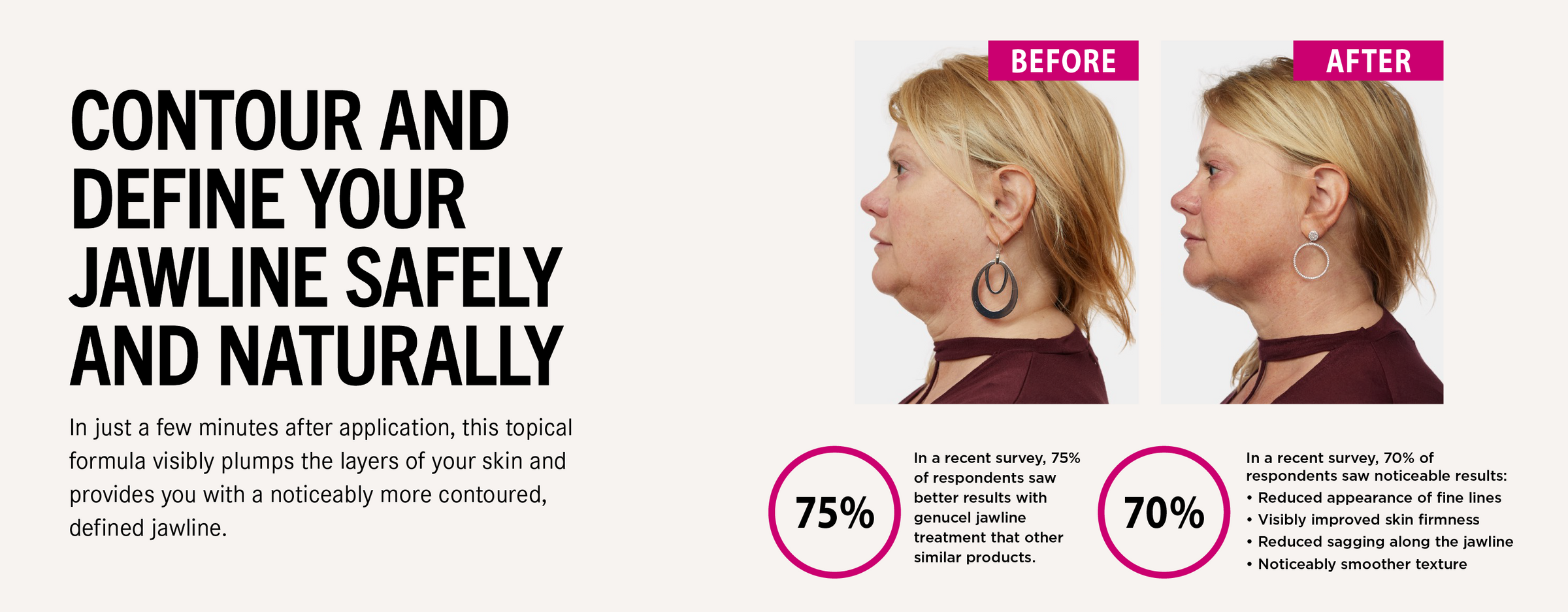 Before and after comparison of a woman's face with text about contouring and defining the jawline.