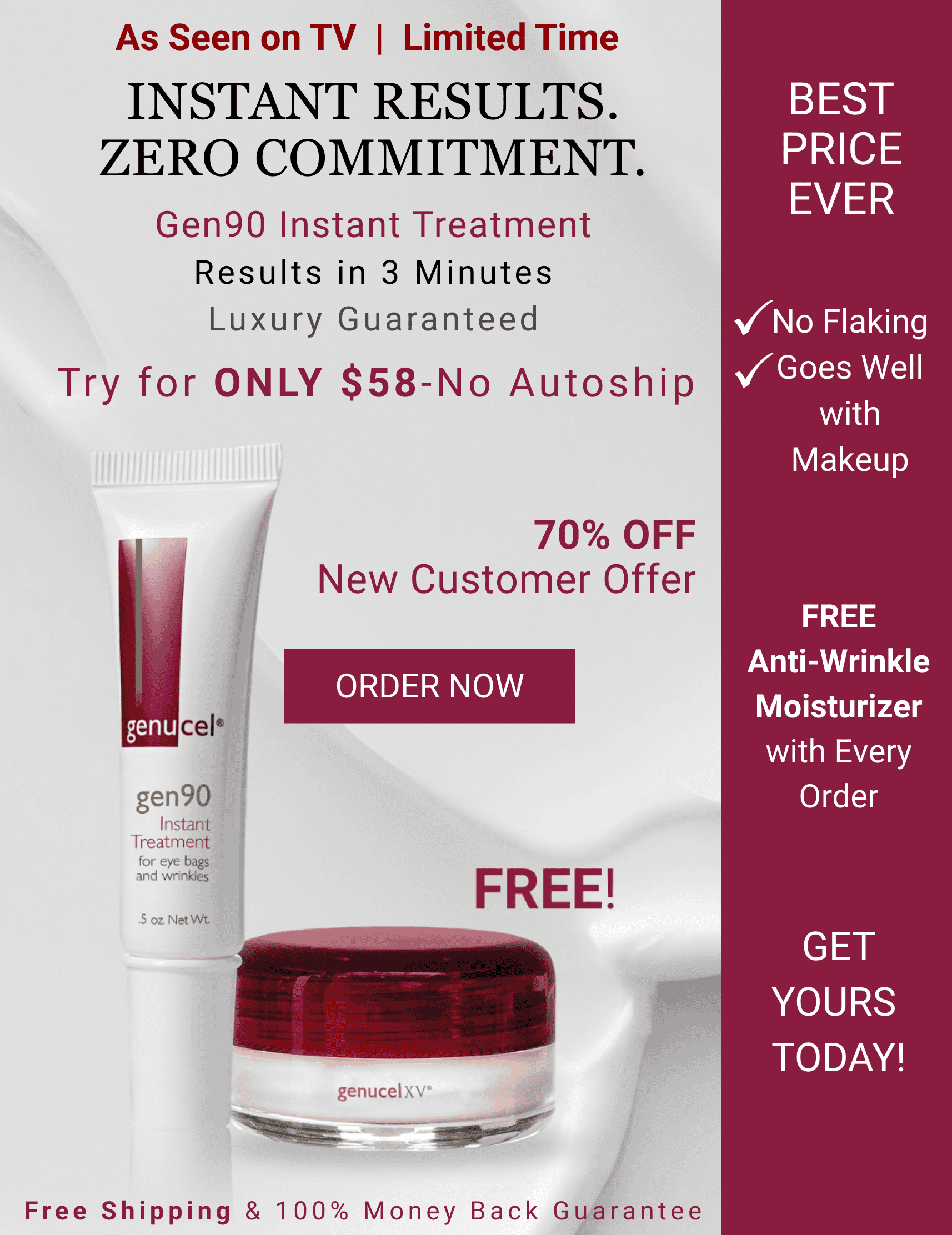 Advertisement for gen90 skincare treatment with product packaging and promotional text.