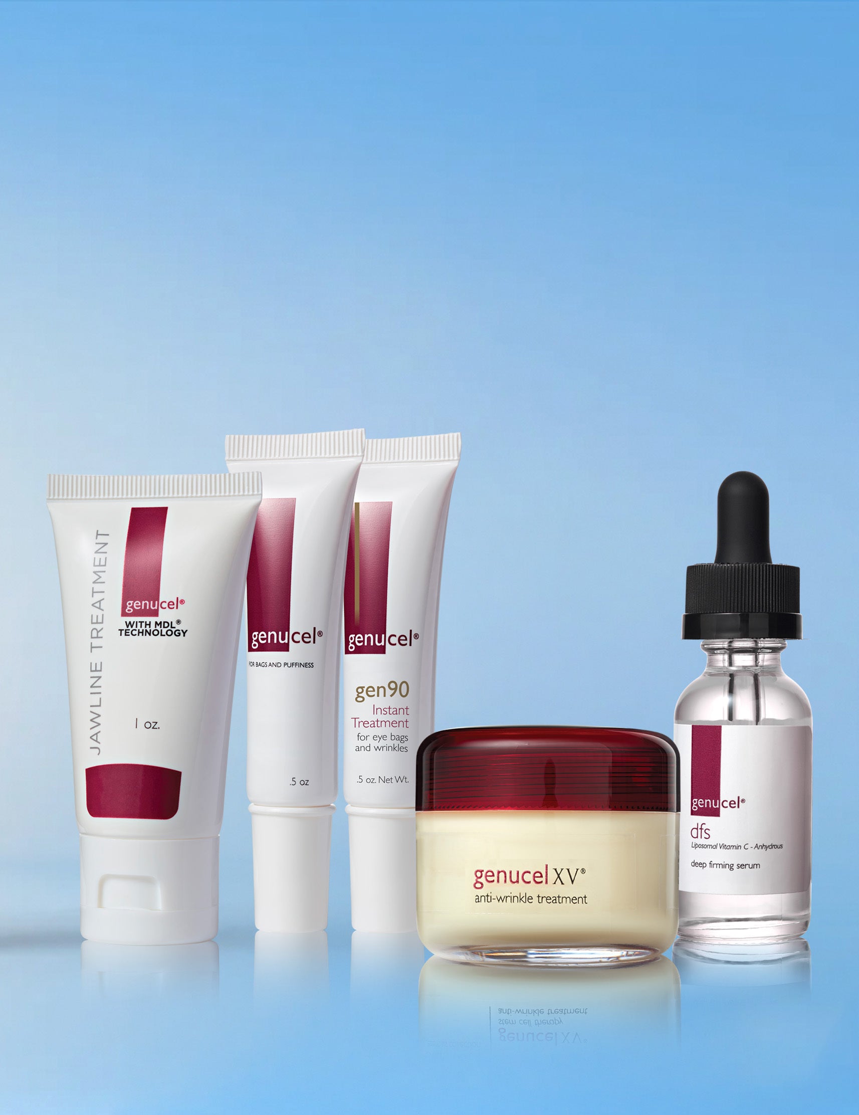 Collection of skincare products including tubes and a dropper bottle on a blue background