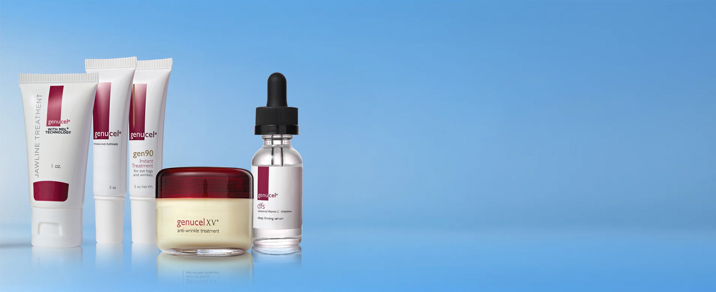 Set of skincare products including tubes and a dropper bottle on a blue background