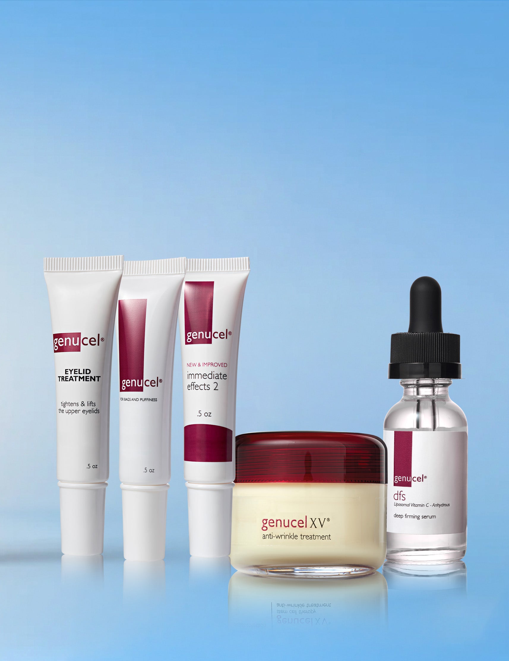 Collection of Genucel skincare products on a gradient blue background