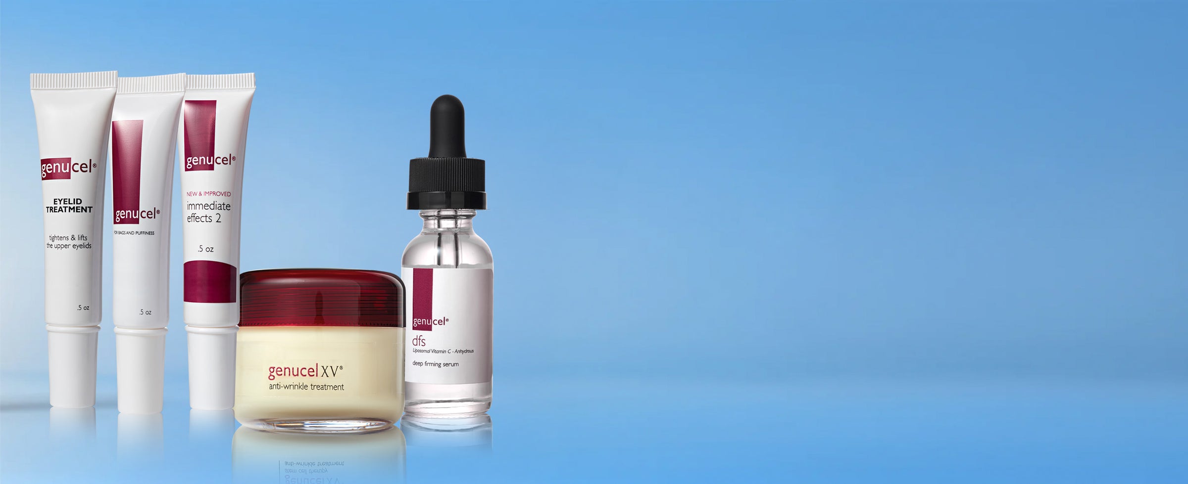 Set of skincare products including tubes and a dropper bottle on a blue background