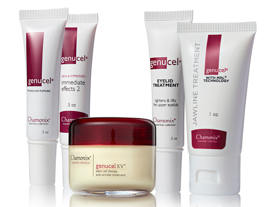 A collection of skincare products from Genucel Skin Care. The set includes the Complete Skincare Package, which includes two tubes of genucel immediate effects 2, a jar of genucel XV anti-wrinkle treatment, a tube of genucel eyelid treatment, and a tube of Jawline Treatment with MDL technology for visibly younger skin.