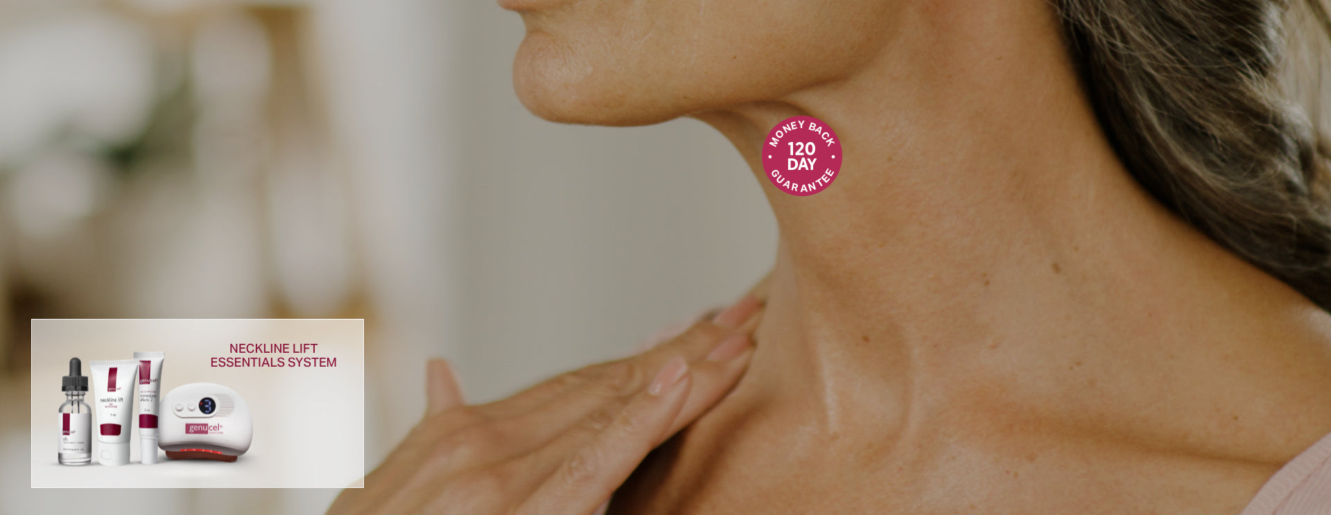 Woman applying skincare product to neck with Neutrogena gift set in the background