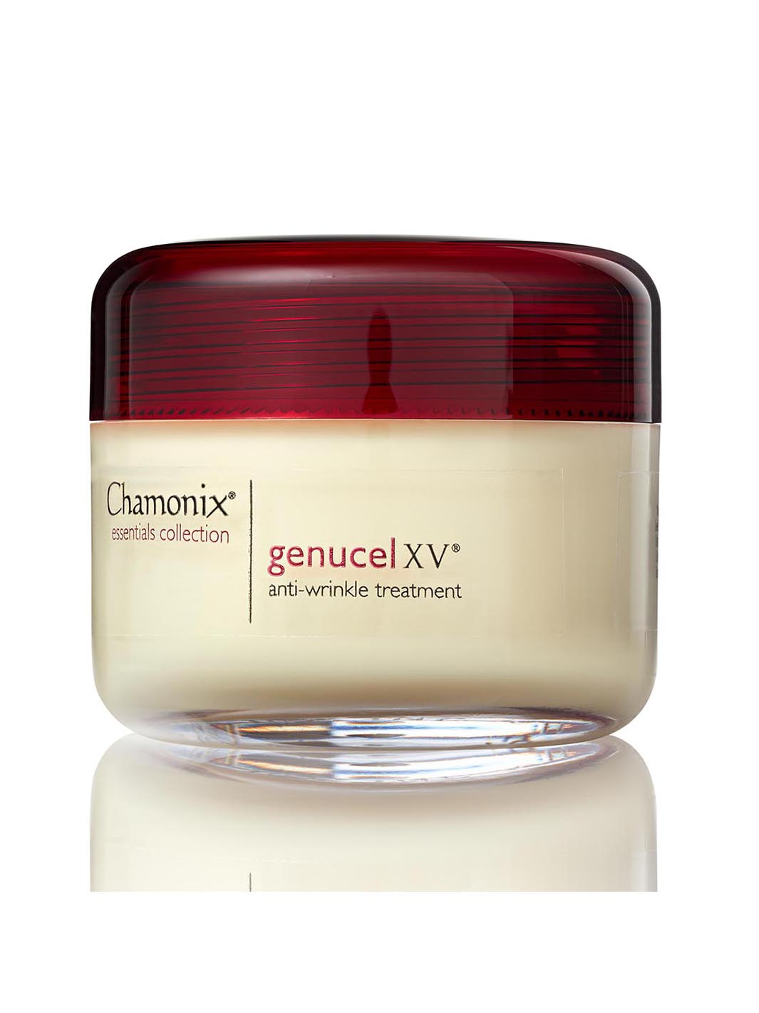 A small, transparent jar with a dark red lid contains "Genucel Skin Care, XV - Anti Wrinkle Treatment" cream. This restorative skin therapy is filled with a light-colored cream and has the product name and description written on the front in red and gray text.